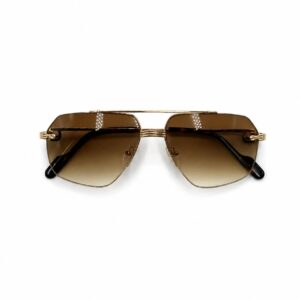 Lunettes de soleil de luxe pour homme sans monture, verres dégradés marron avec double pont et branches dorées, posées sur un fond blanc épuré.