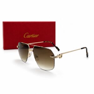 Lunettes de soleil Cartier homme sans monture avec verres marron dégradé et double pont doré, présentées devant leur coffret rouge de luxe.